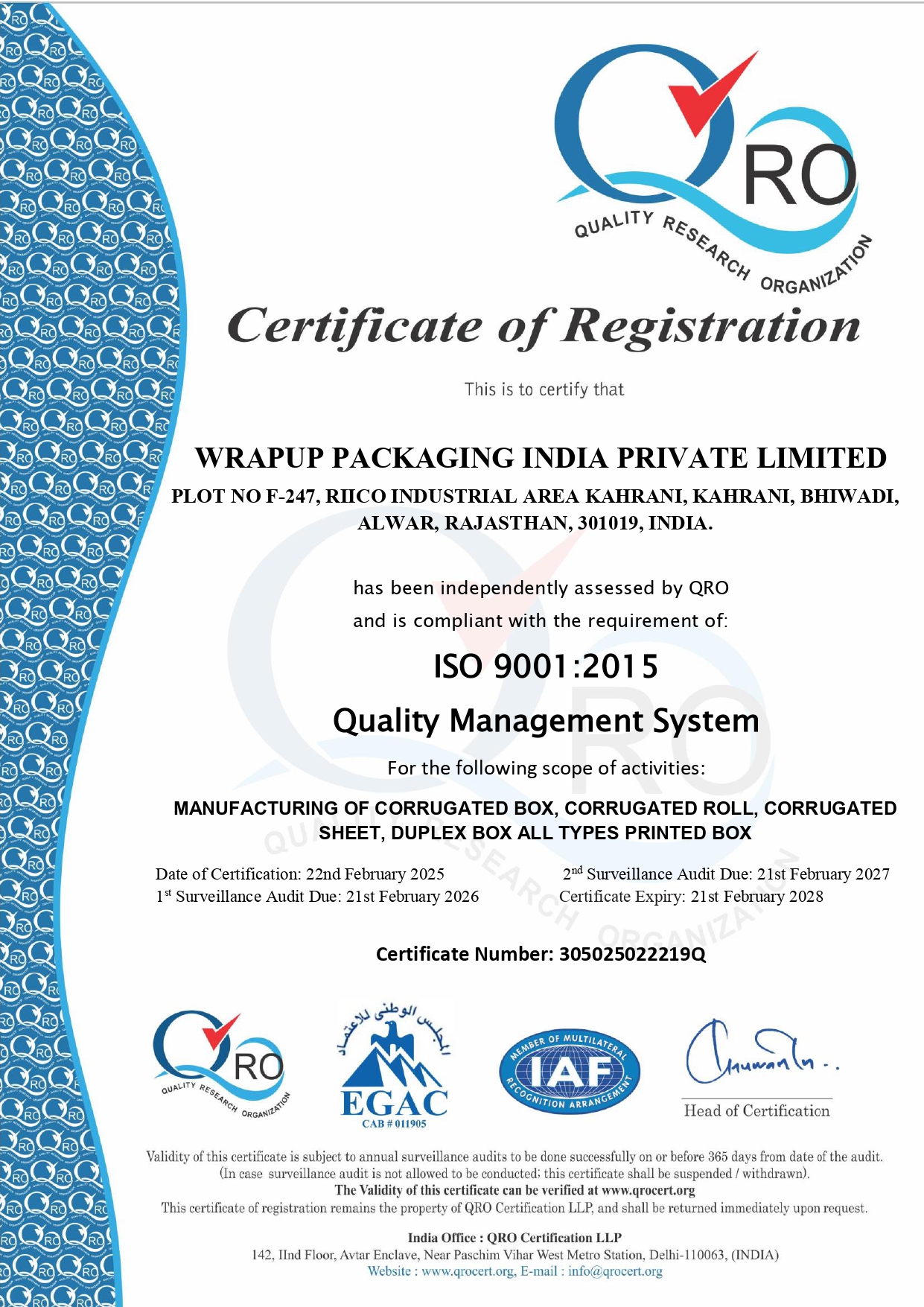 ISO 9001:2015 Quality Management System certificate — WrapUp Packaging