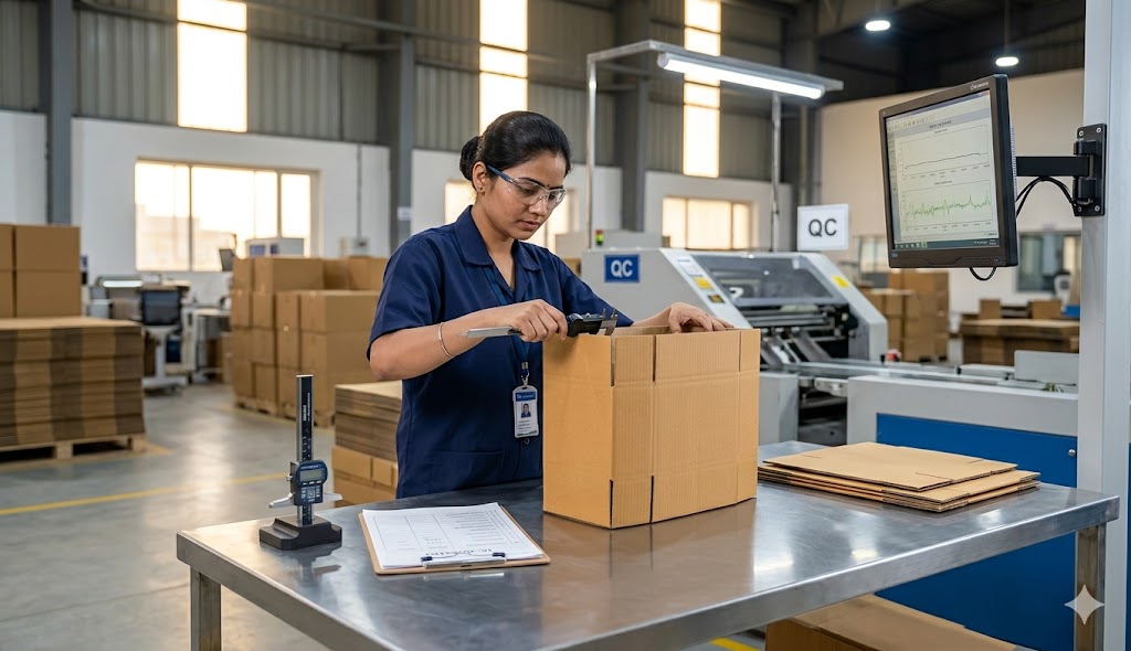 Quality control check — worker inspecting corrugated packaging at WrapUp Packaging