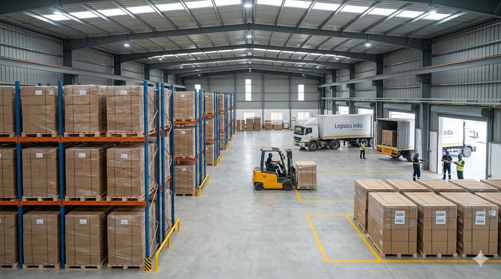 Finished goods warehouse — packed boxes ready for dispatch at WrapUp Packaging