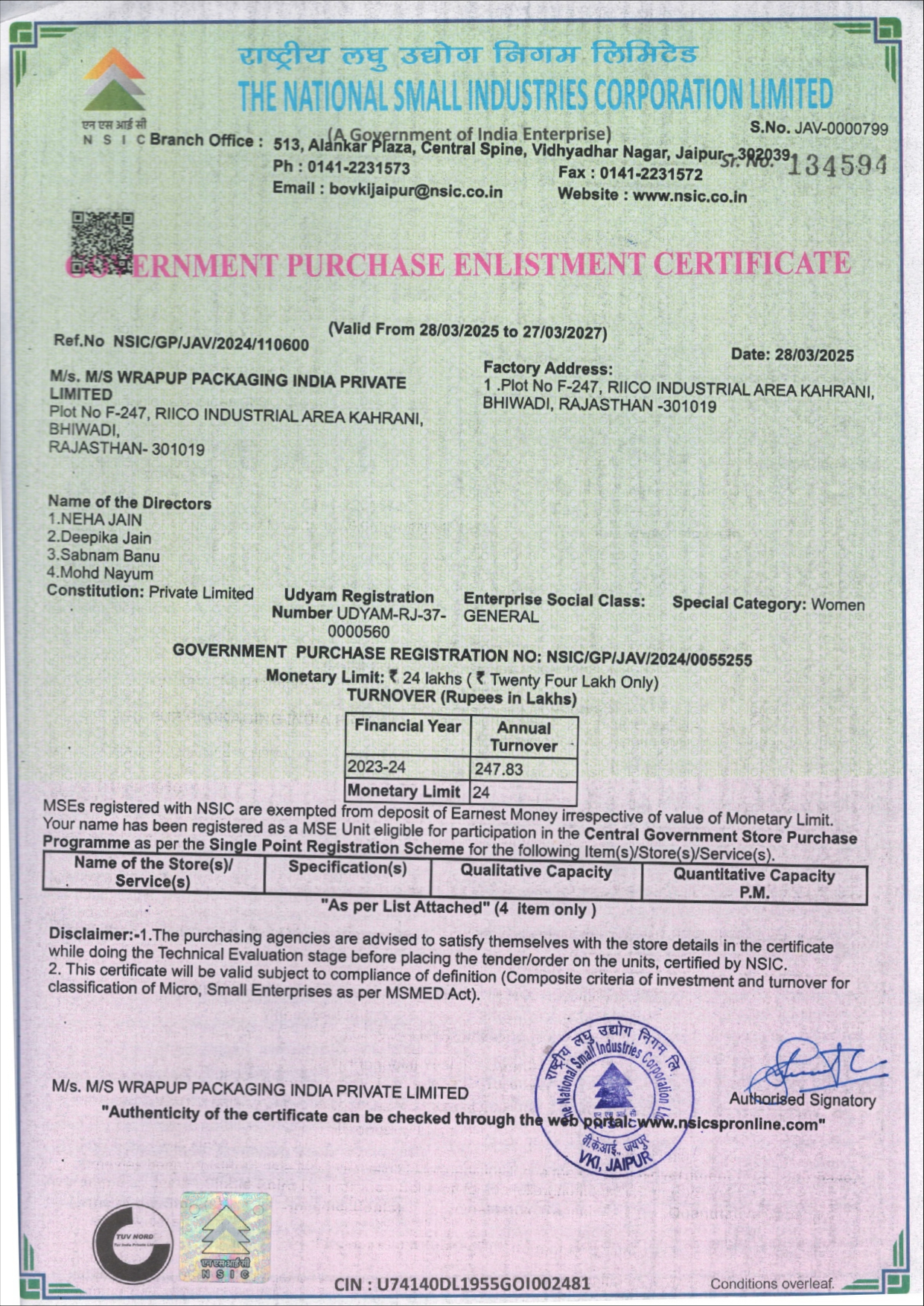 NSIC Government Purchase Enlistment Certificate — WrapUp Packaging