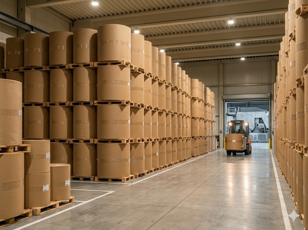 Kraft paper rolls in raw material storage at WrapUp Packaging