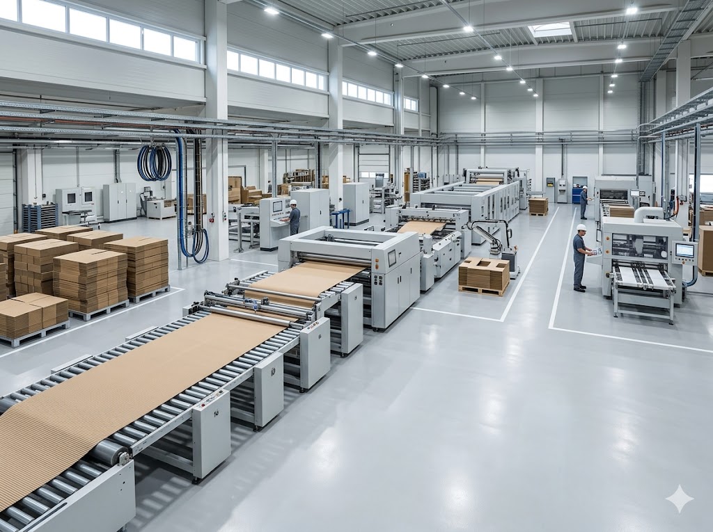 Modern corrugated packaging manufacturing plant interior — WrapUp Packaging Bhiwadi