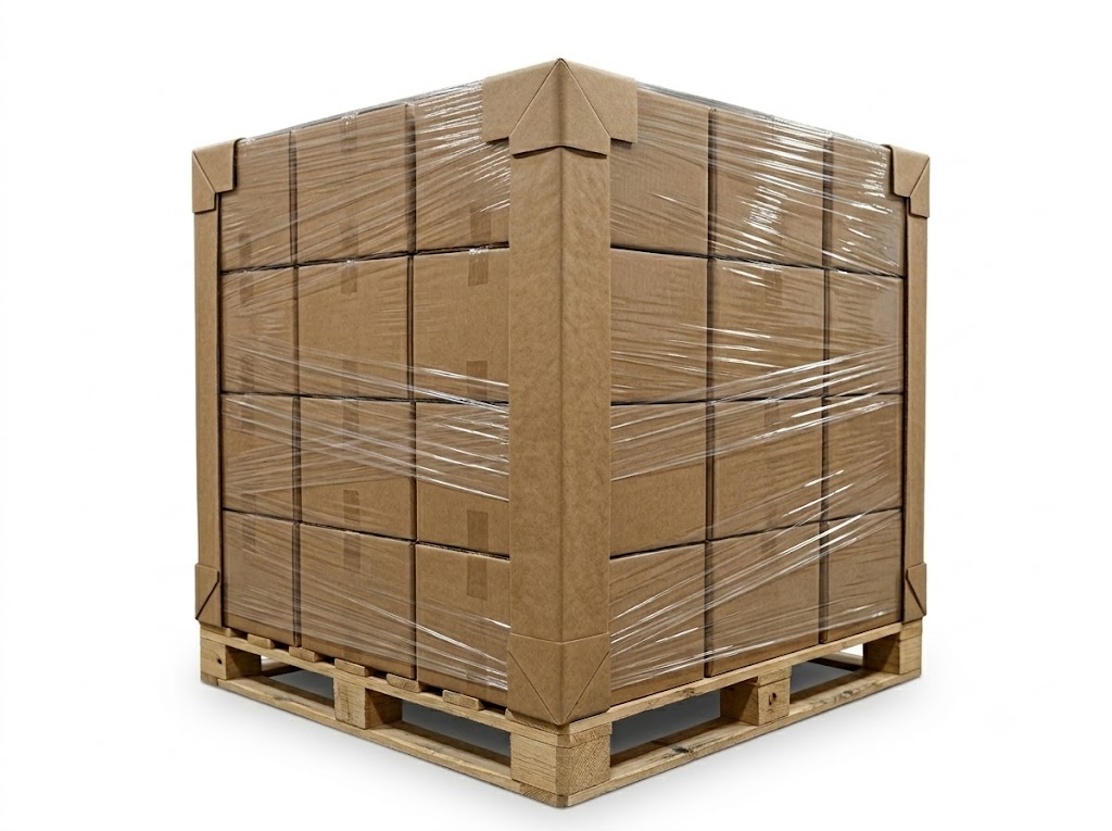 Pallet corner protector in use for strapping and load securing