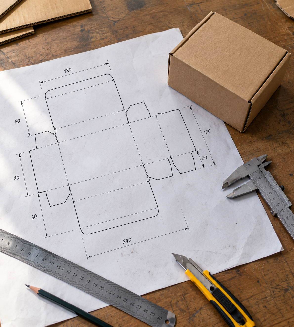 Packaging drawing and sample box on a designer's desk
